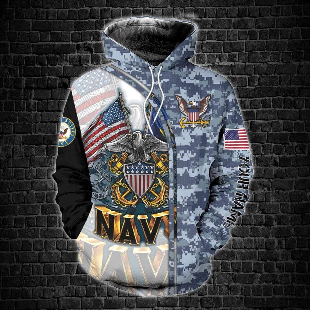 Personalized Us Navy Army American Flag Gold Custom Name Hoodie 3D All Over Print