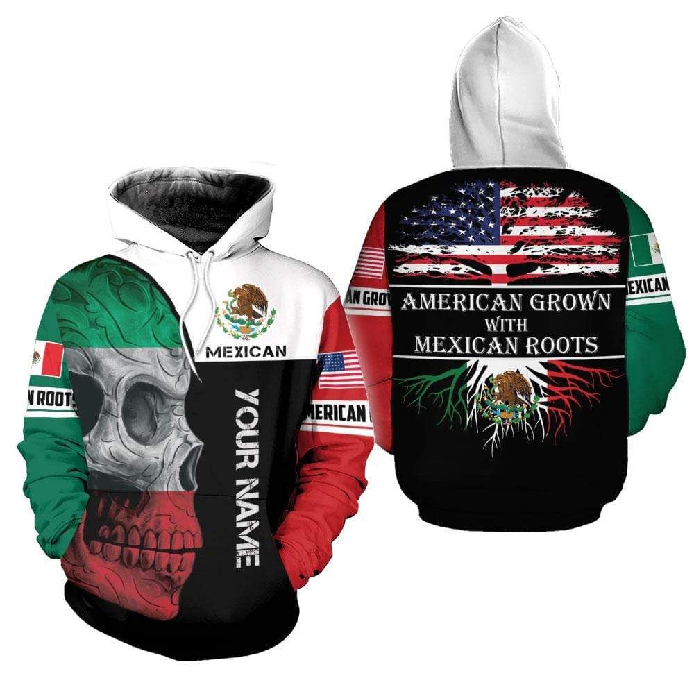 Personalized Mexican Skull-American Grown With American Roots Custom Name Hoodie 3D All Over Print PAN3HD0194