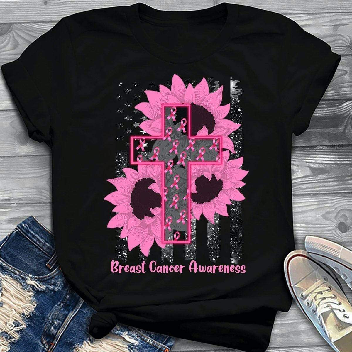 Sunflower Jesus Cross USA Flag Breast Cancer Awareness T-Shirt