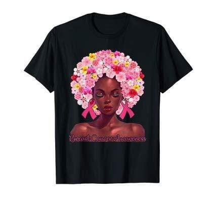 Black Woman Flower Afro Breast Cancer Awareness T-Shirt