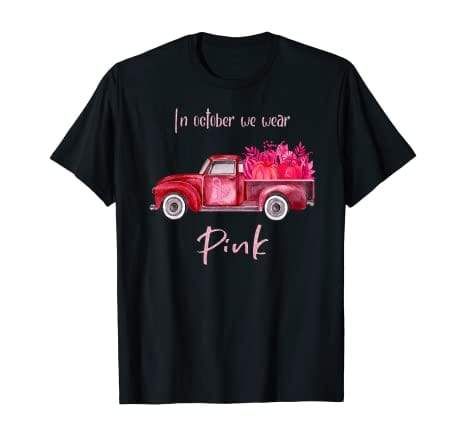 In October We Wear Pink Truck Pumpkin Breast Cancer Awareness T-Shirt