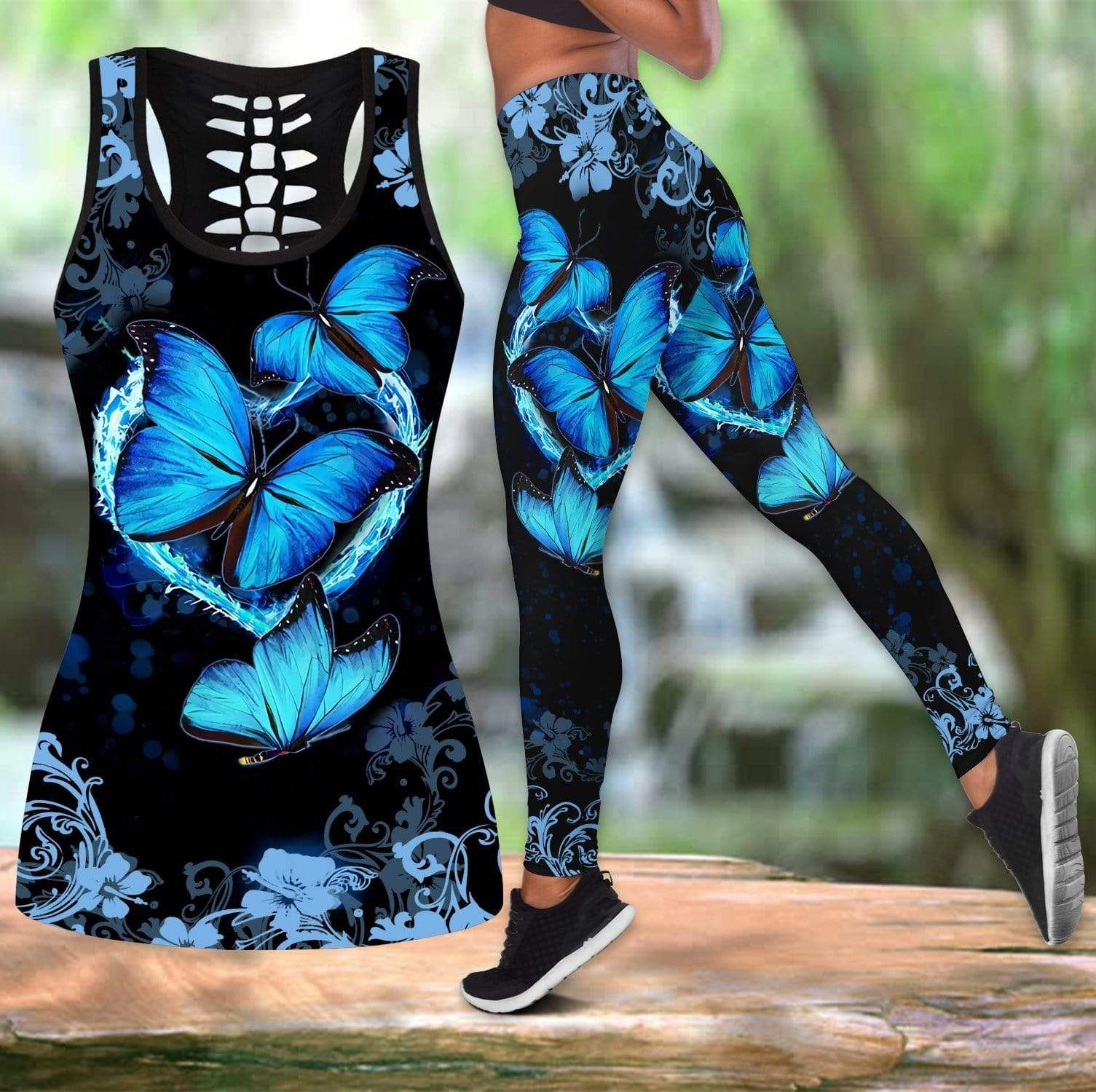 Blue Butterfly Art Combo Leggings And Hollow Tank Top