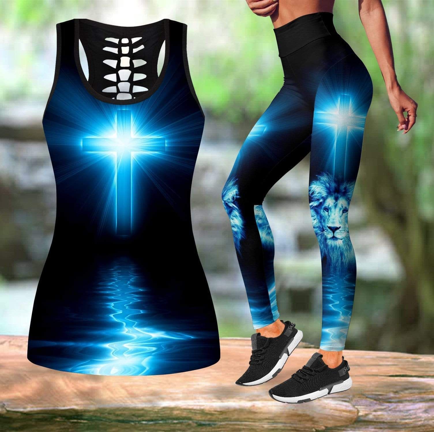 Easter Jesus Cross Lion Combo Leggings And Hollow Tank Top