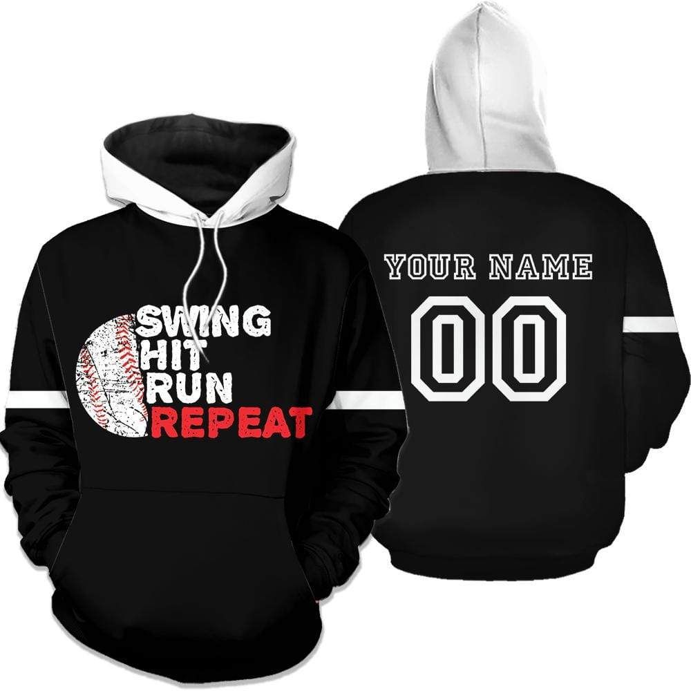 Personalized Baseball Swing Hit Run Repeat Custom Name & Number Hoodie 3D All Over Print