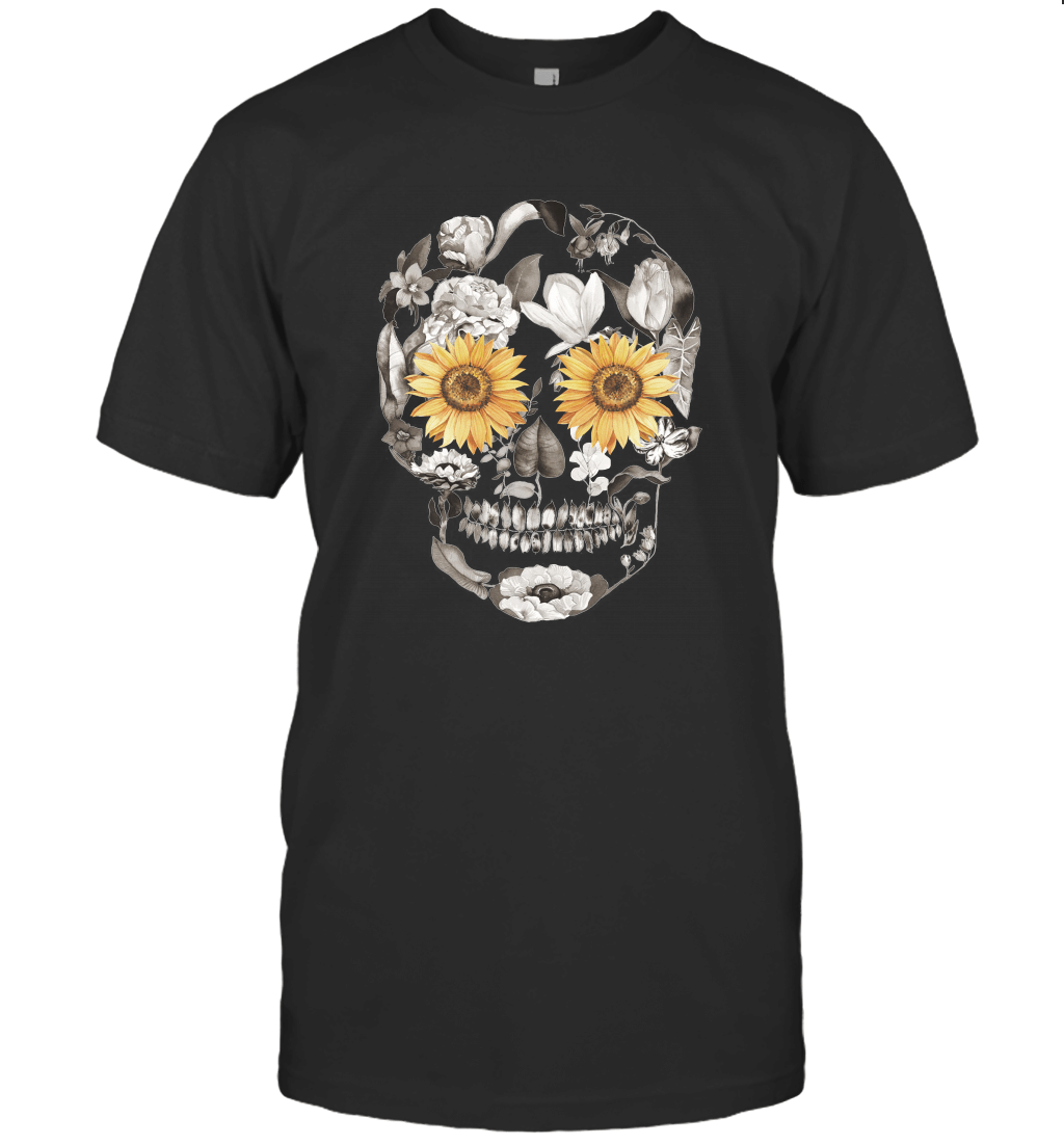 Sunflower Eyes Retro Hippie Style Floral Tropical Skull T-Shirt