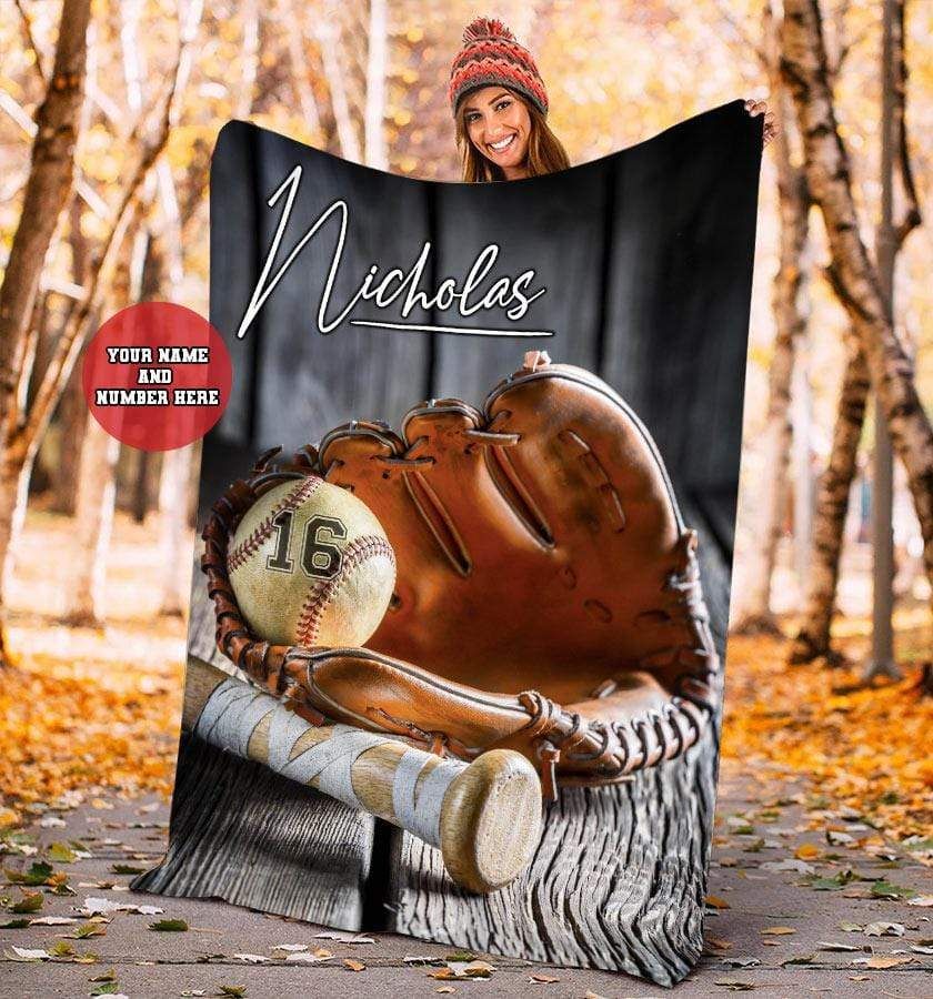 Personalized Custom Baseball Fleece Blanket - Old Ball And Glove With Bat