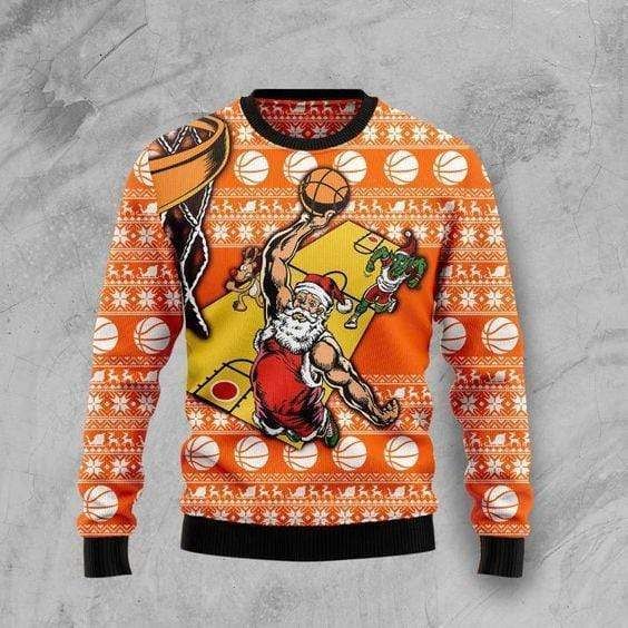 Christmas Santa Claus Play Basketball Dunking With Elf And Reindeer Sweater