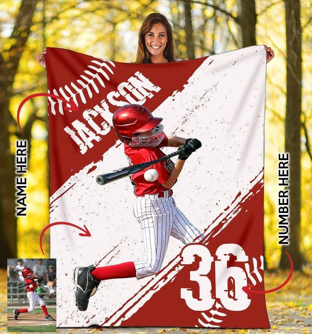 Personalized Custom Fleece Blanket Baseball Red With Photo