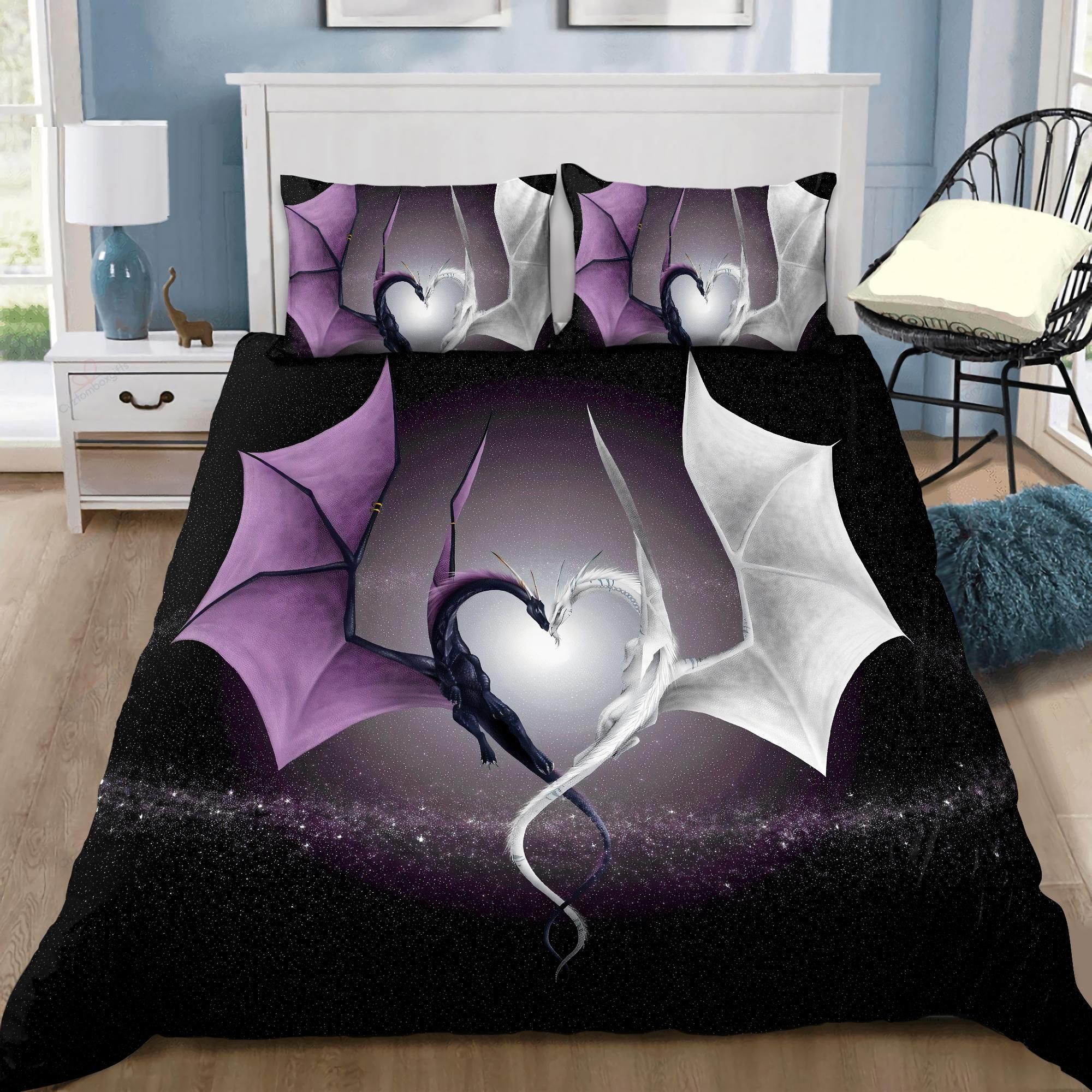 Dragon Couple Art Purple And White Duvet Cover Bedding Set