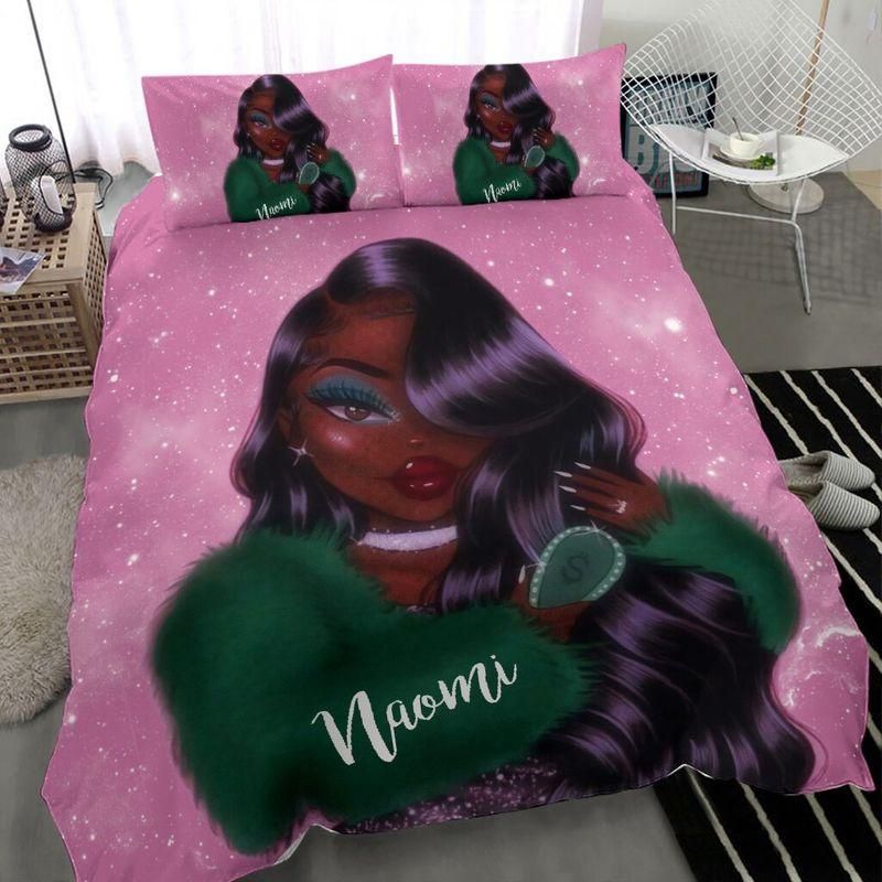 Personalized Black Girl Combs Purple Hair Custom Name Duvet Cover Bedding Set