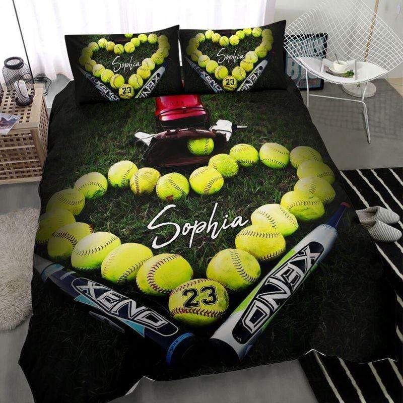 Personalized Softball Heart Shape Stuff Custom Duvet Cover Bedding Set With Your Name PANBED0032
