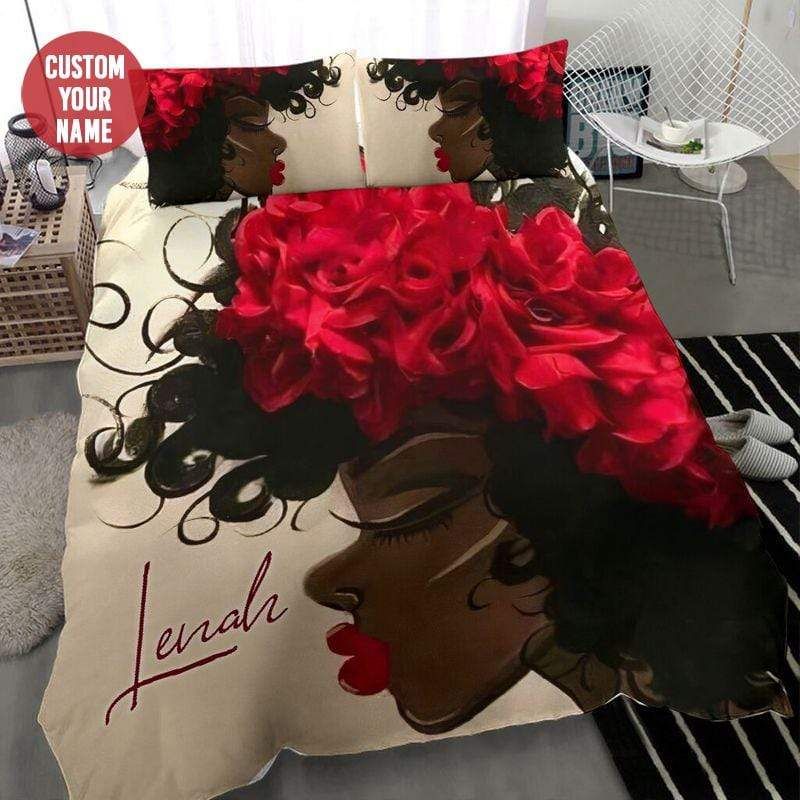 Personalized Black Girl Red Rose Hair Custom Name Duvet Cover Bedding Set