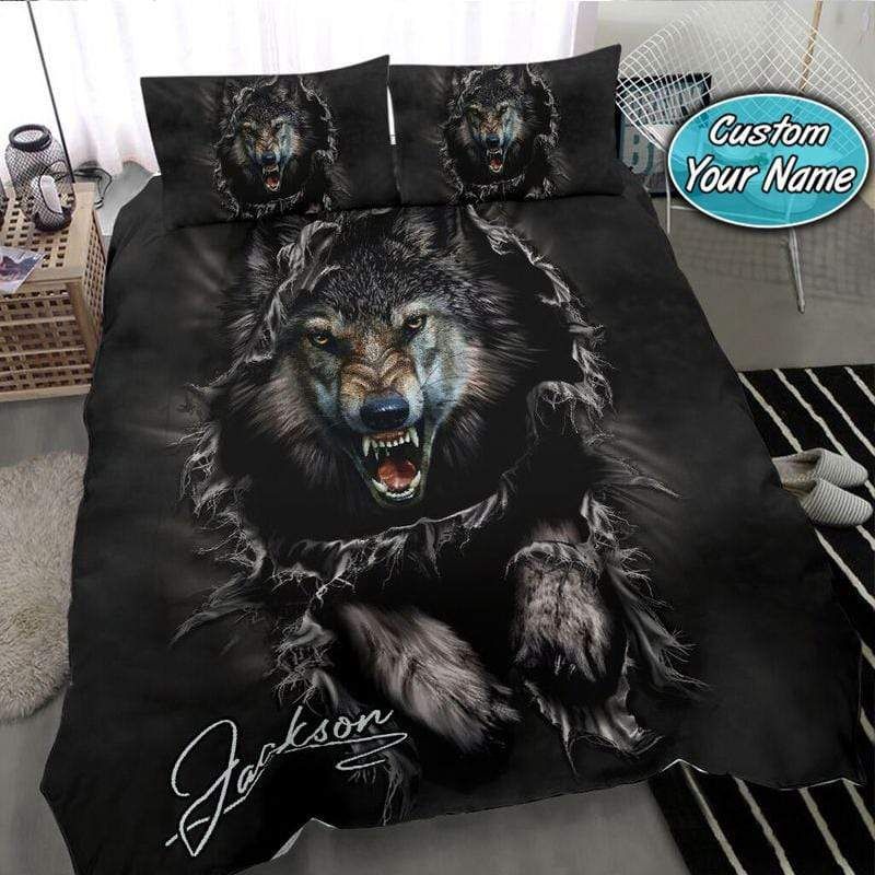 Personalized Grey Wolf Bedding Custom Name Duvet Cover Bedding Set