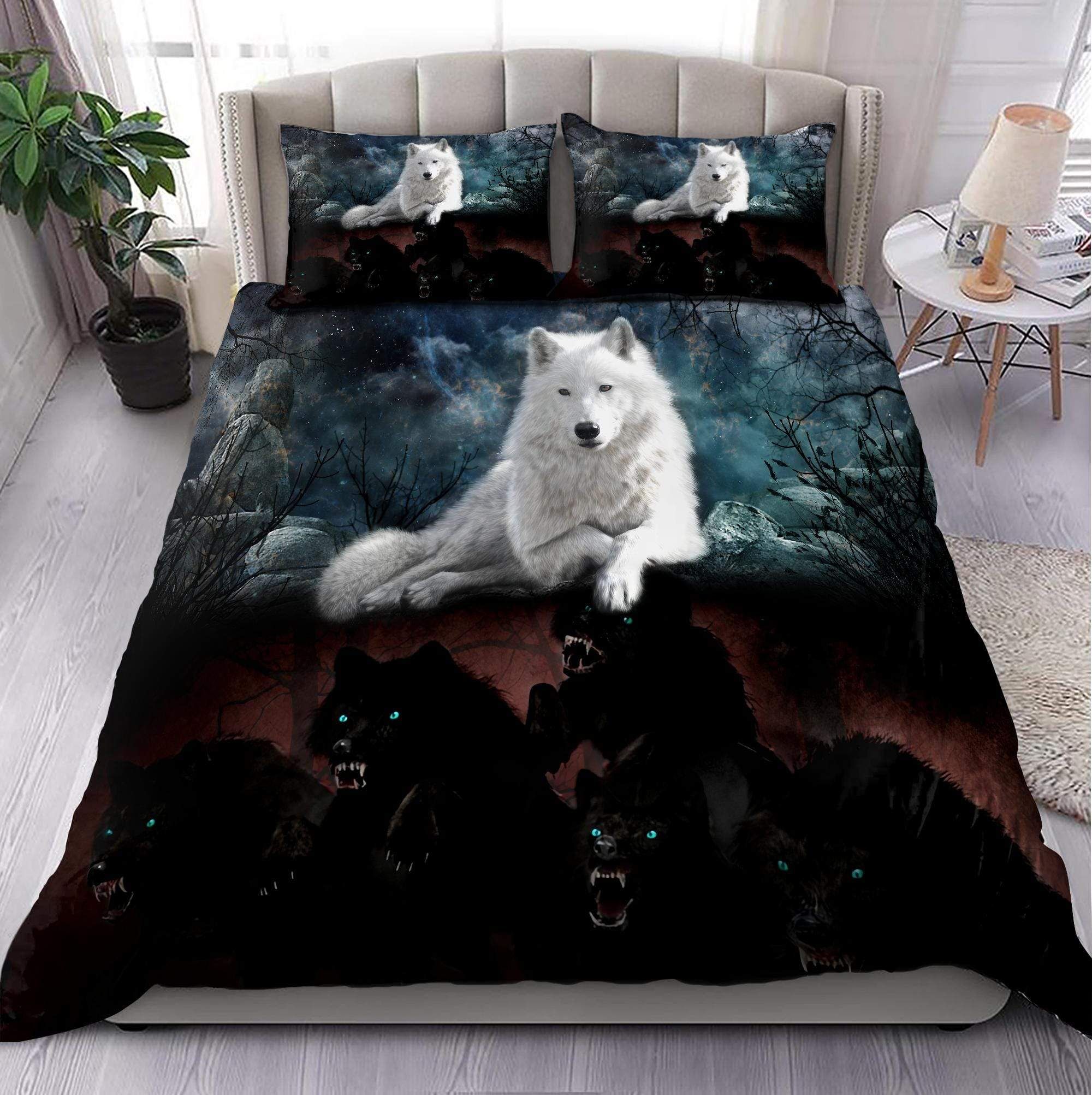 Awesome Night Black And White Wolves Duvet Cover Bedding Set PAN