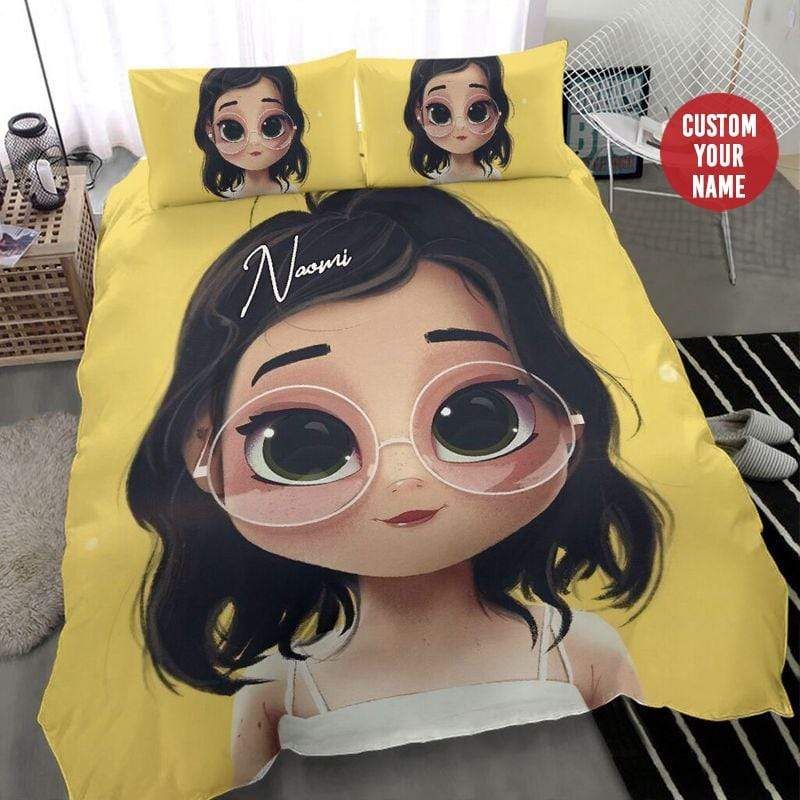 Personalized Baby Girl Wear Glasses Yellow Bedding Custom Name Duvet Cover Bedding Set