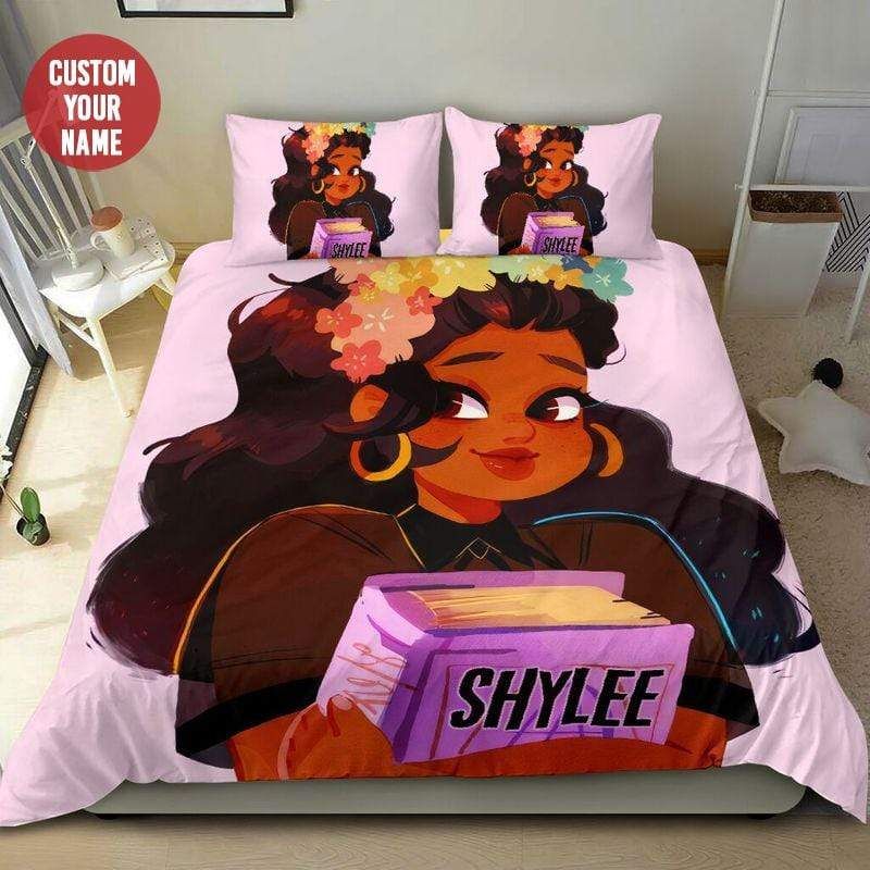 Personalized African Beautiful Girl Book Lover Custom Name Duvet Cover Bedding Set