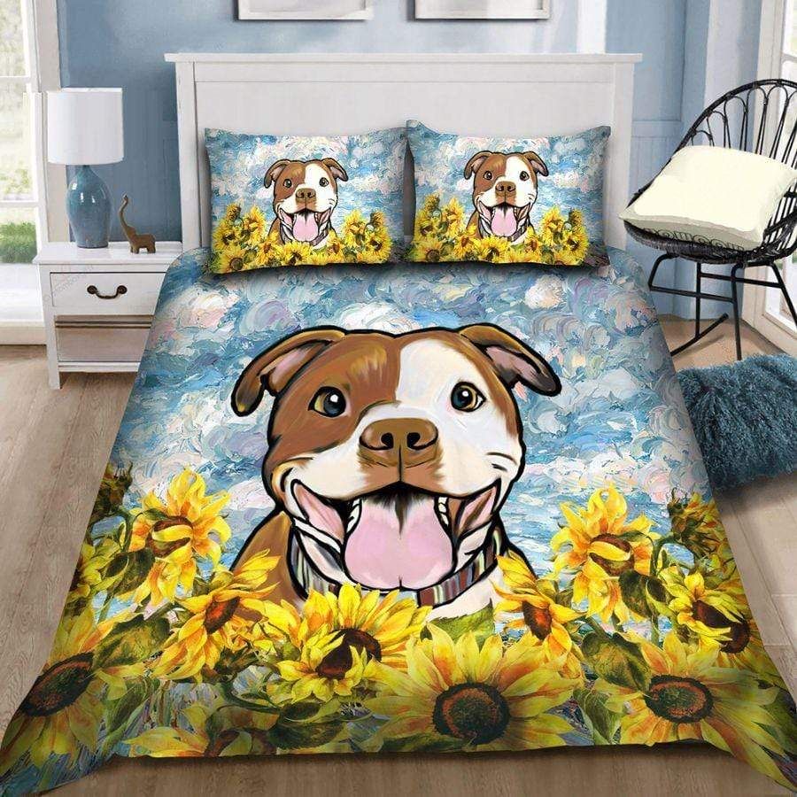Pet Dog Pit Bull Sunflower Custom Photo Duvet Cover Bedding Set