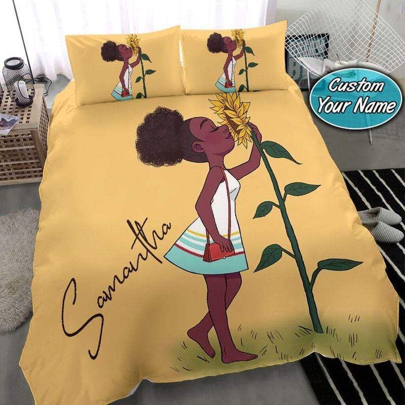 Personalized Sunflower Black Baby Girl Custom Name Duvet Cover Bedding Set