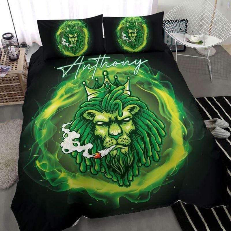Personalized Cool Lion Smoke Green Custom Name Duvet Cover Bedding Set