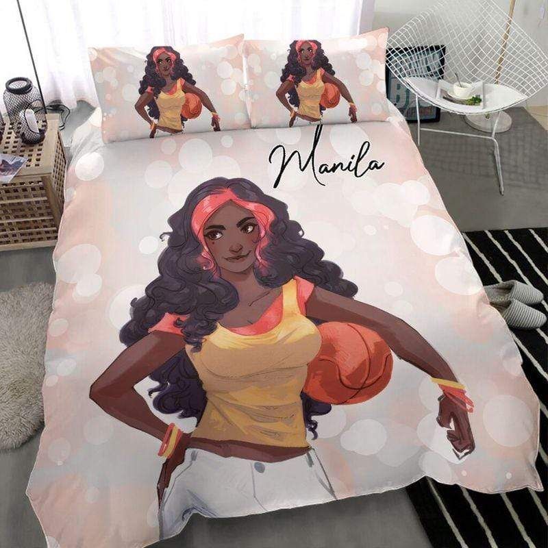 Personalized Black Basketball Girl Color Hair Custom Name Duvet Cover Bedding Set