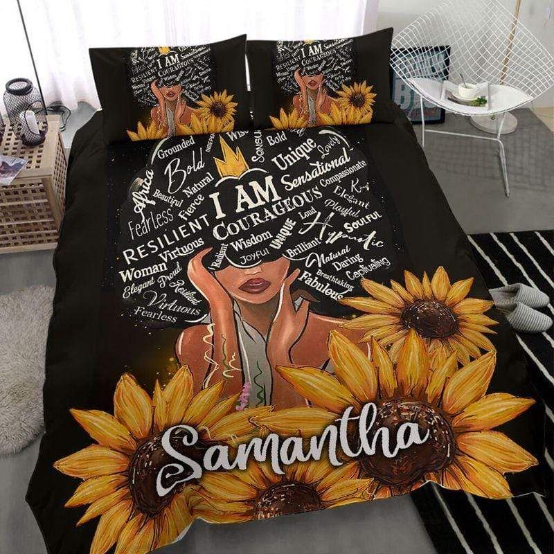 Personalized African American Black Queen Girl Sunflower Bedding Custom Name Duvet Cover Bedding Set