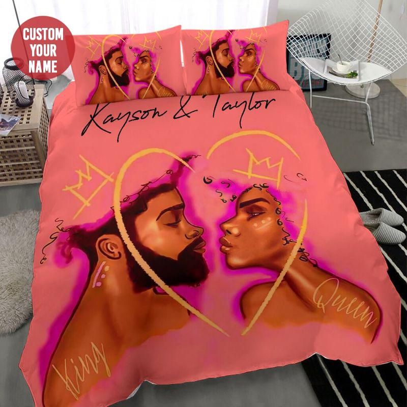 Personalized Black Couple Pink Heart Bedding Custom Name Duvet Cover Bedding Set