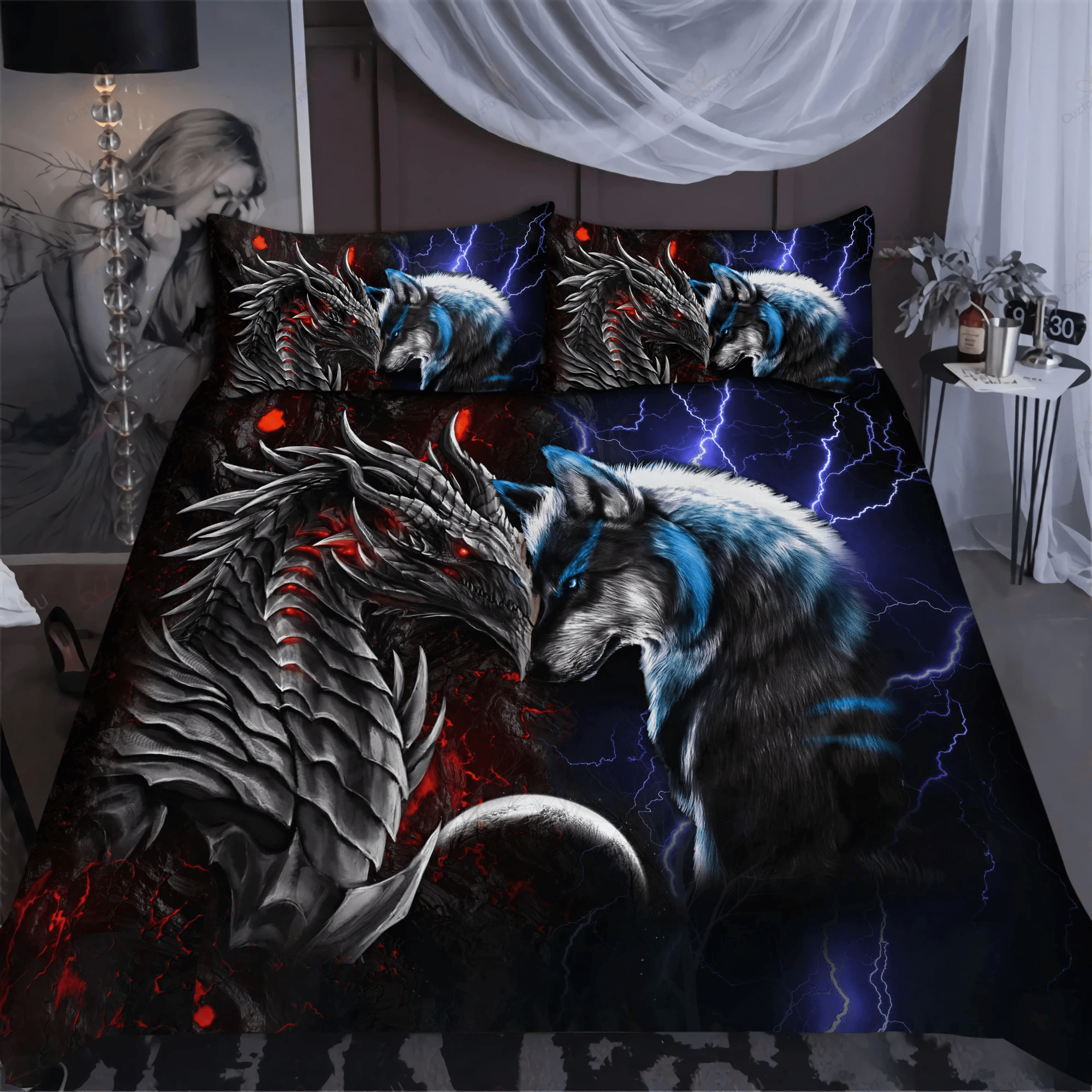 Personalized Red Blue Dragon And Wolf Custom Name Duvet Cover Bedding Set