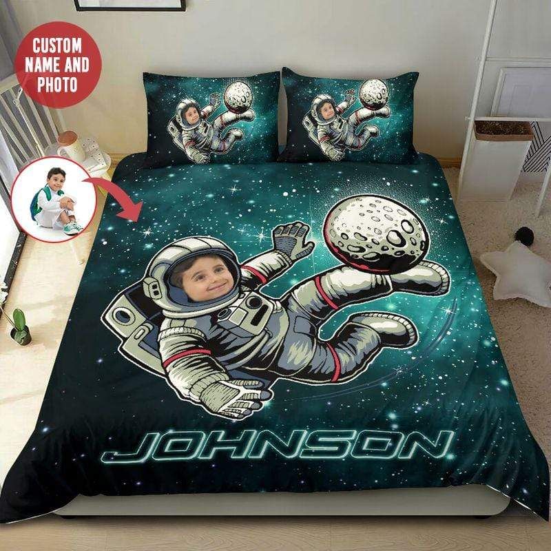 Personalized Astronaut Soccer Player Shooting Ball Custom Name & Image Duvet Cover Bedding Set