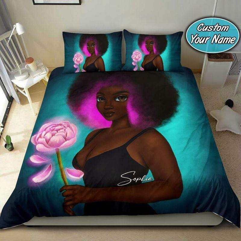 Personalized Black Girl Magical Art Flower Duvet Cover Bedding Set Custom Name