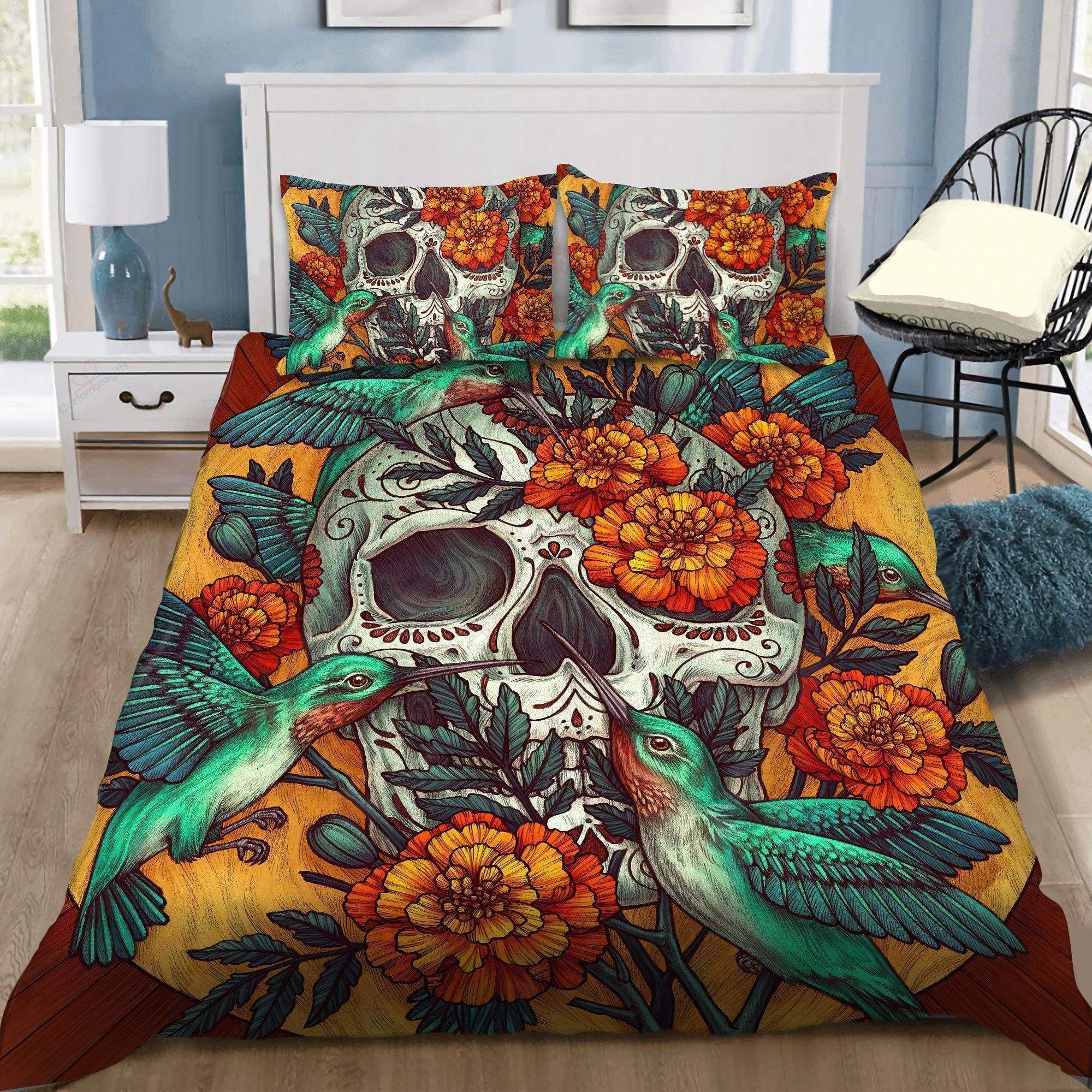 Hummingbird Skulls With Dahlia Flower Duvet Cover Bedding Set