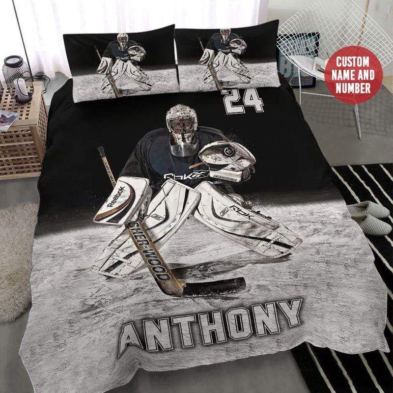 Personalized Hockey Goalie Cool Custom Duvet Cover Bedding Set With Your Name And Number