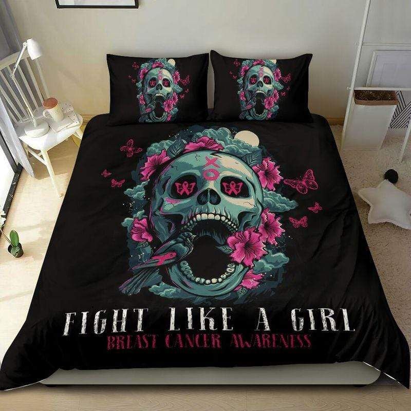 Skull Fight Like A Girl Breast Cancer Awareness Duvet Cover Bedding Set