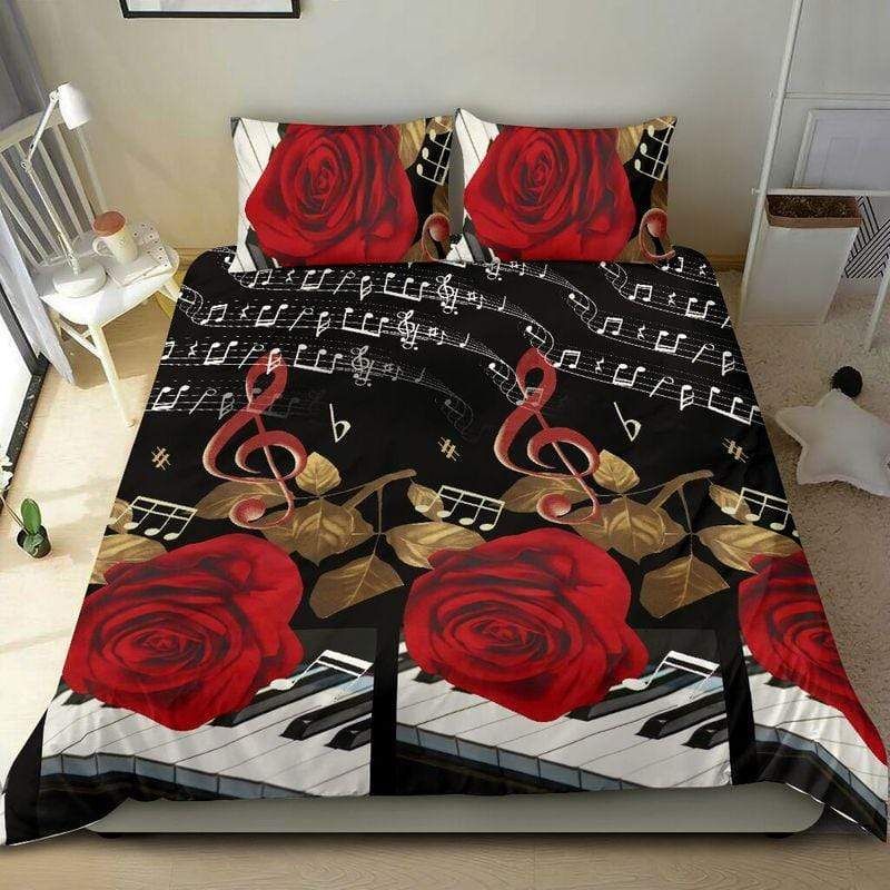 Romantic Red Rose Piano Music Lover Couple Duvet Cover Bedding Set