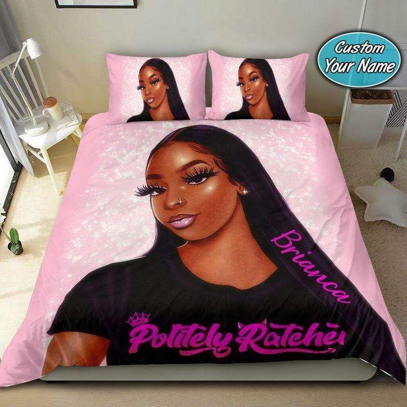 Personalized Black Girl Long Black Hair Custom Name Duvet Cover Bedding Set