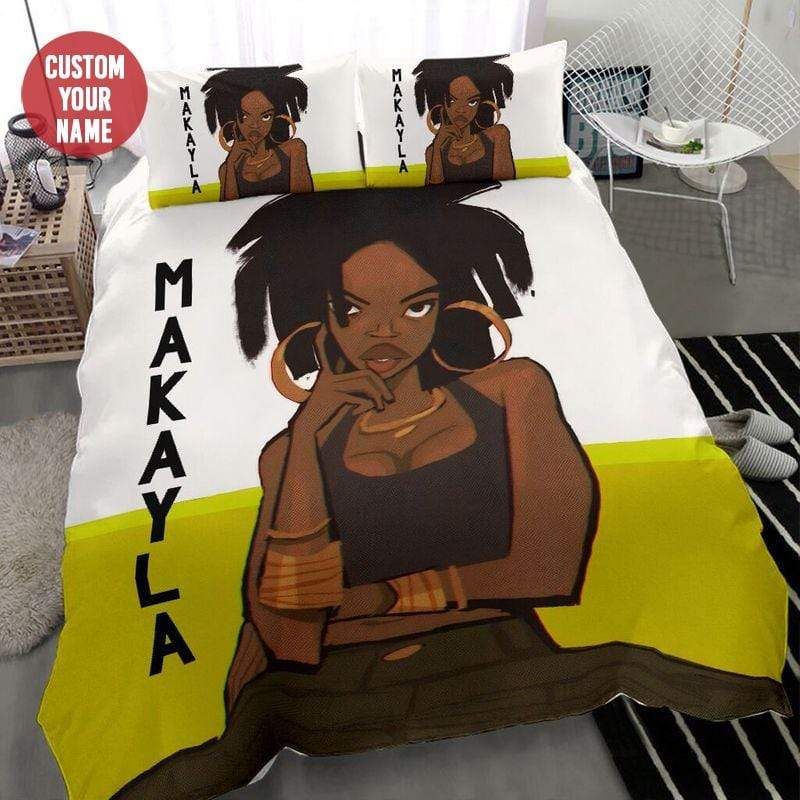 Personalized Black Cool Girl Stunning Afro Custom Name Duvet Cover Bedding Set