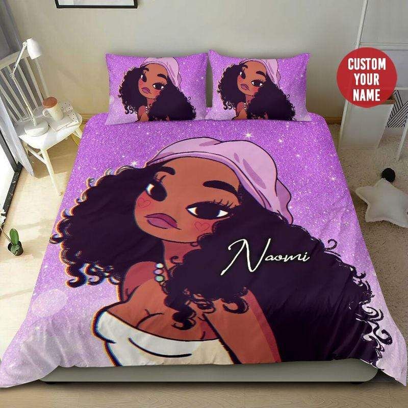 Personalized Glitter Black Girl Magic Cartoon Custom Name Duvet Cover Bedding Set