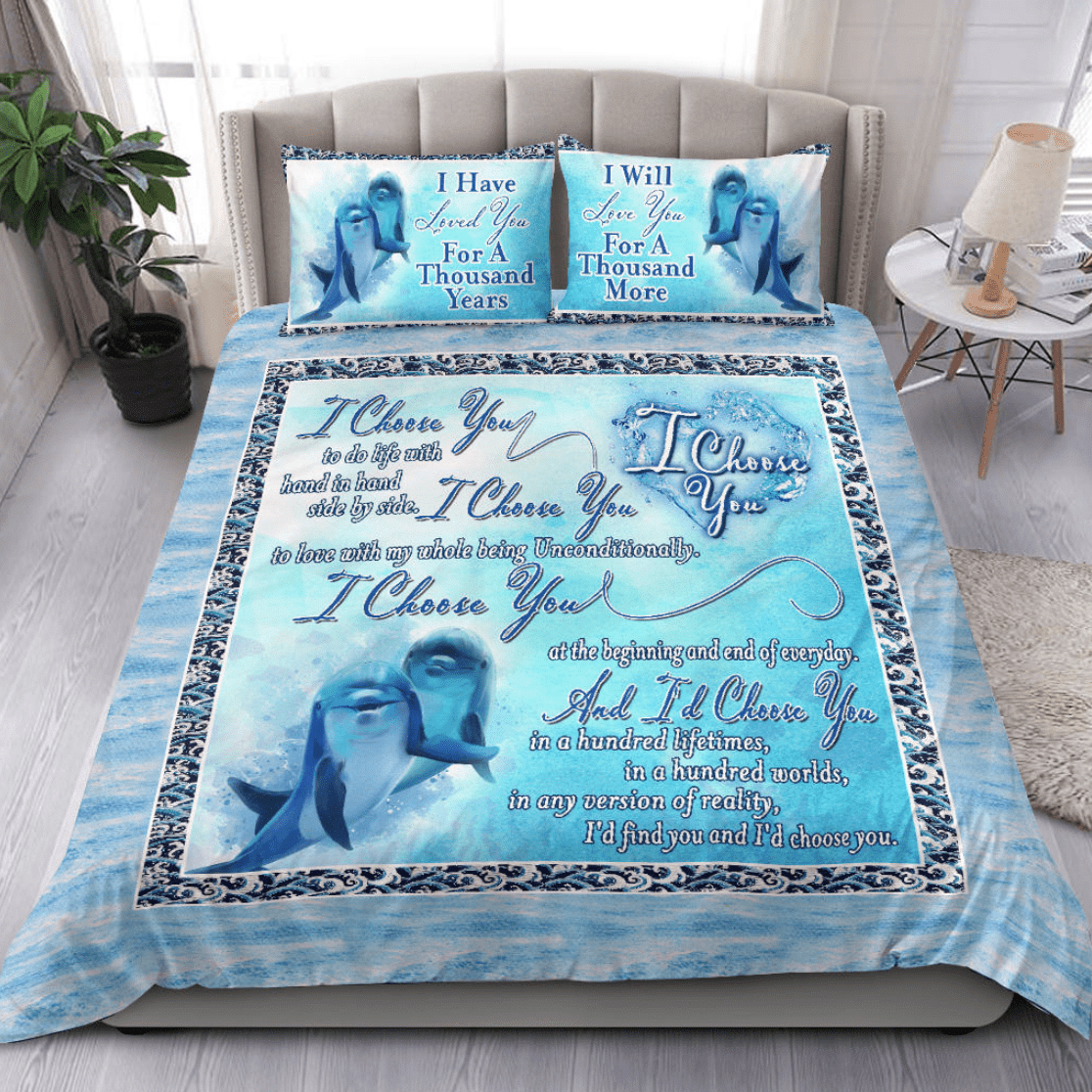 Dolphin Couple Romantic Happiness Love Family Blue Sea Duvet Cover Bedding Set