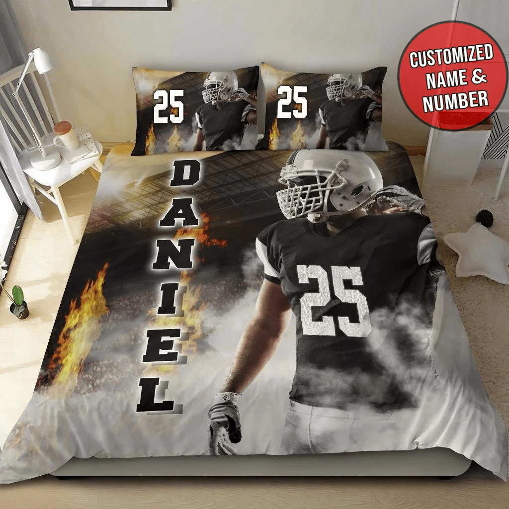 Personalized Custom Duvet Cover Football Player Fire Bedding Set With Your Name & Number