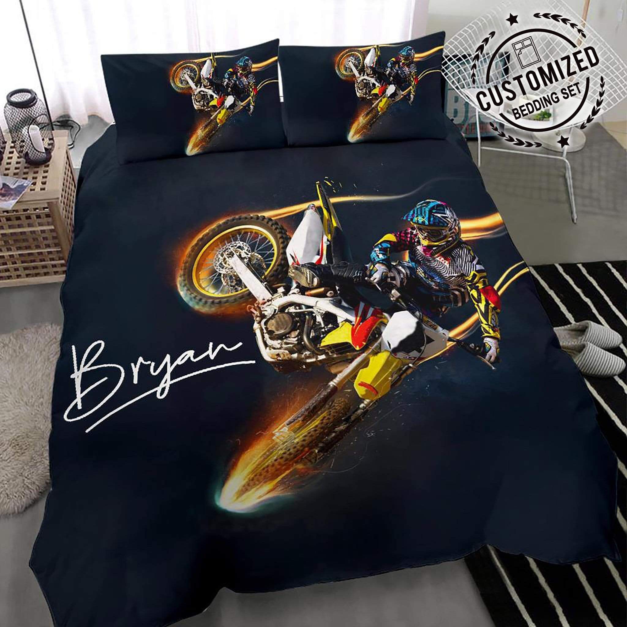 Personalized Motorcycle Road Off Bedding Custom Name Duvet Cover Bedding Set