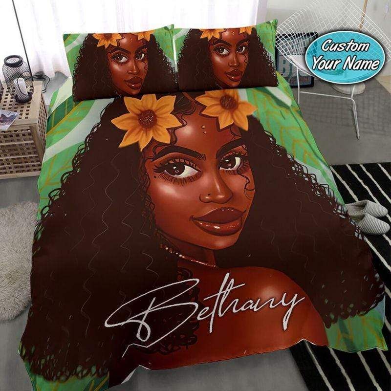 Personalized Black Girl 2 Flower Custom Name Duvet Cover Bedding Set