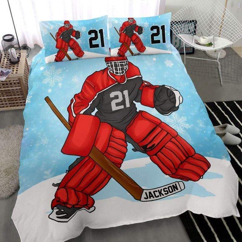 Personalized Red Hockey Snowflake Custom Duvet Cover Bedding Set With Your Name And Number
