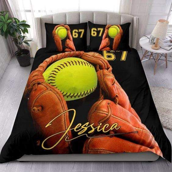 Personalized Softball Ball In Glove Style Custom Duvet Cover Bedding Set With Your Name And Number
