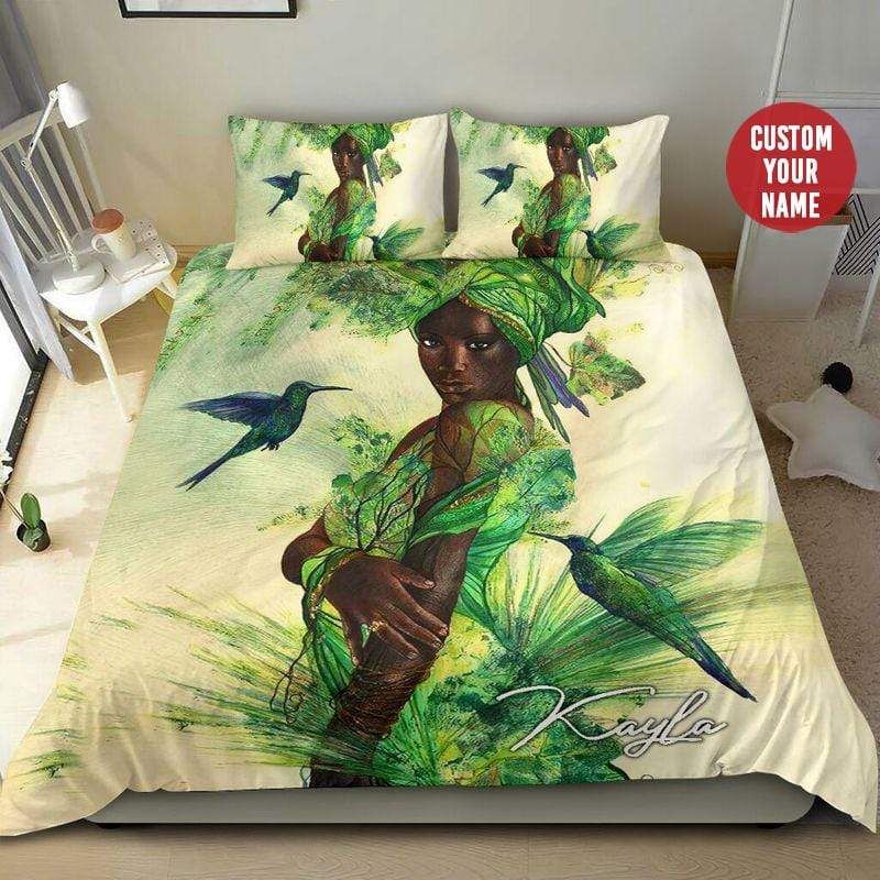 Personalized Black Girl Hummingbird Custom Name Duvet Cover Bedding Set