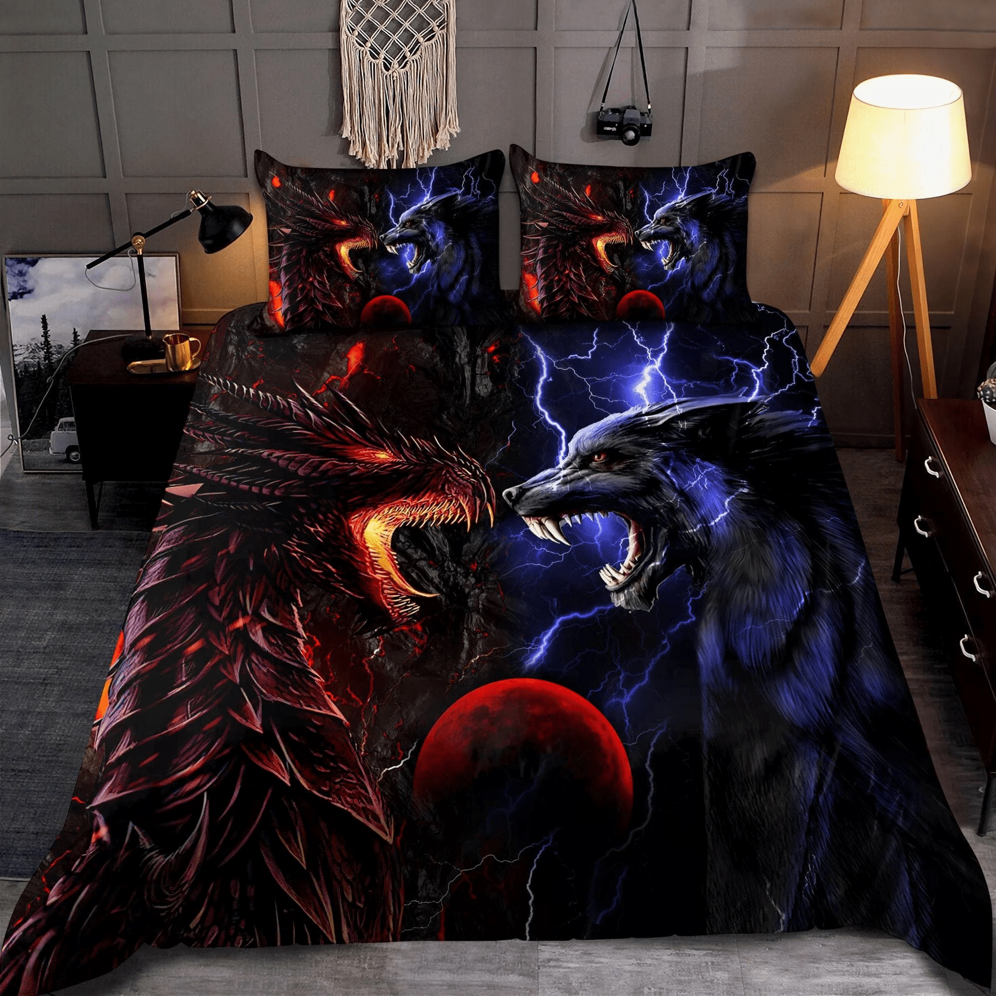 Dragon Red & Wolf Blue Duvet Cover Bedding Set