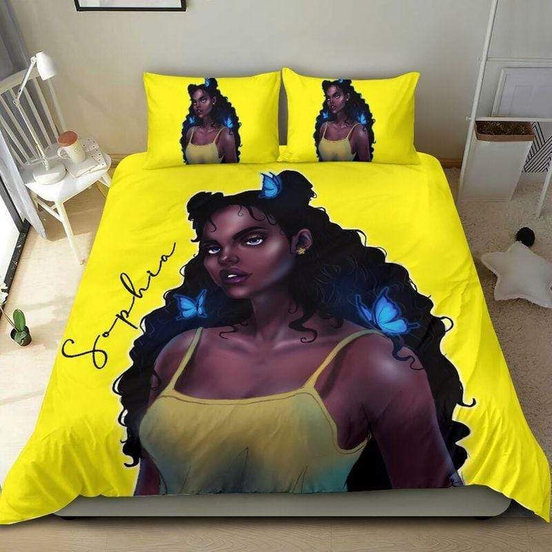 Personalized African Black Girl Magic Butterfly Yellow Custom Name Duvet Cover Bedding Set