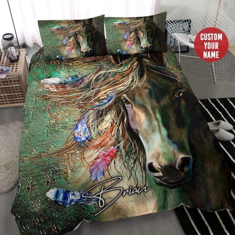 Personalized Horse Green Color Custom Name Duvet Cover Bedding Set