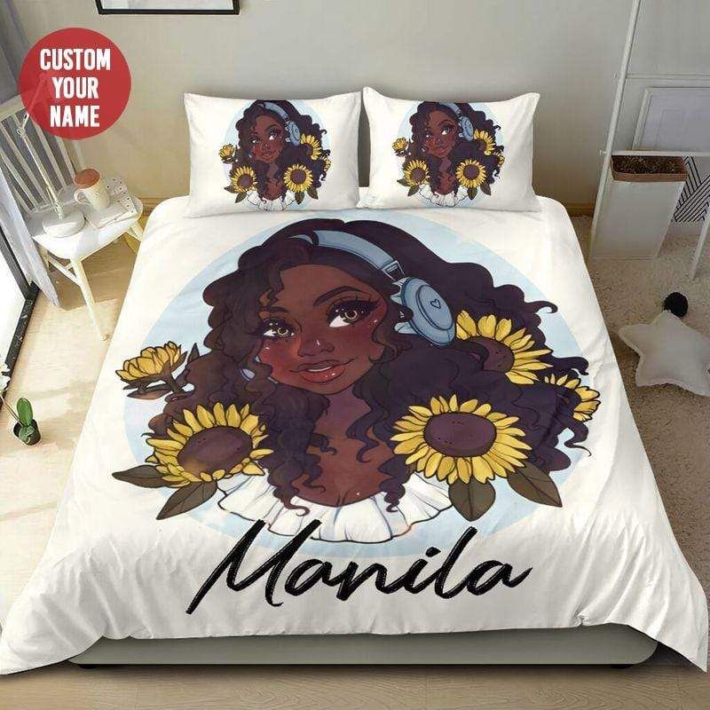 Personalized Stunning Sunflower Black Girl Music Custom Name Duvet Cover Bedding Set