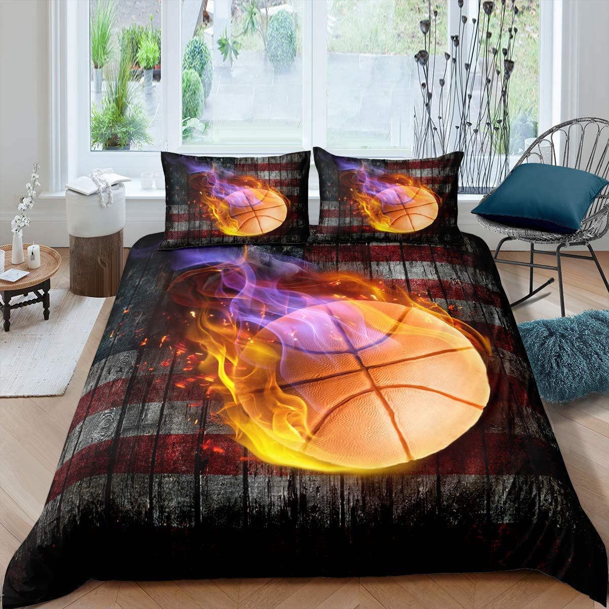 Basketball American Flag With Fire Bedding Set