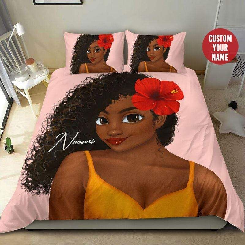 Personalized African Pretty Girl Hibiscus Custom Name Duvet Cover Bedding Set