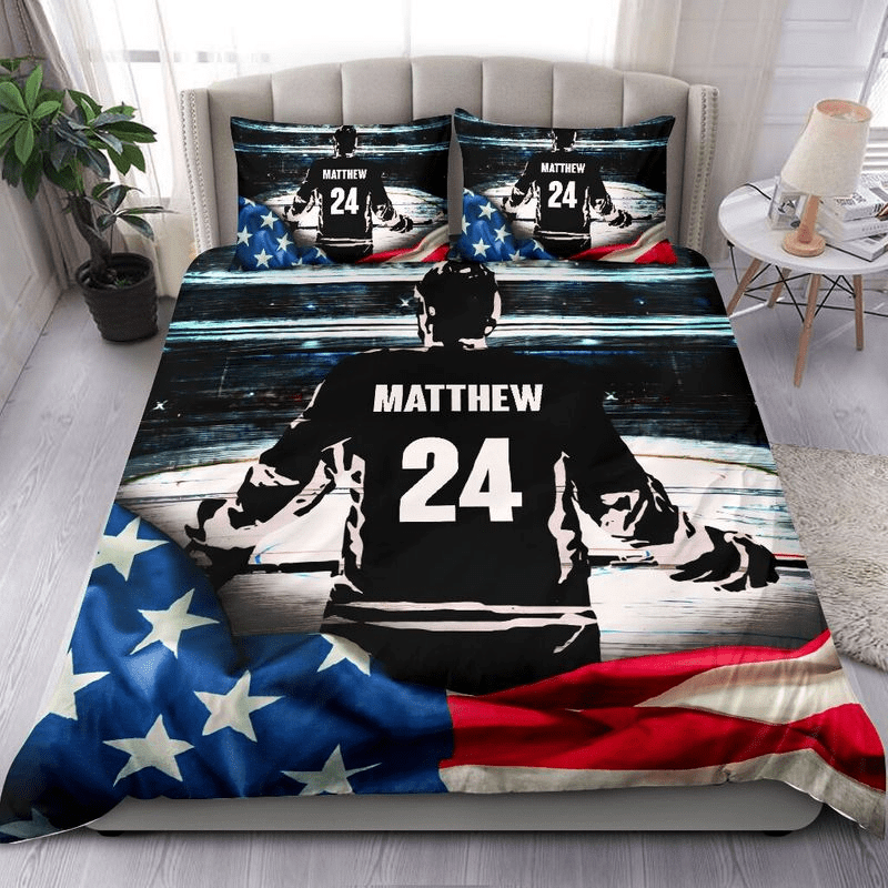 Personalized Hockey Flag American Custom Name & Number Duvet Cover Bedding Set